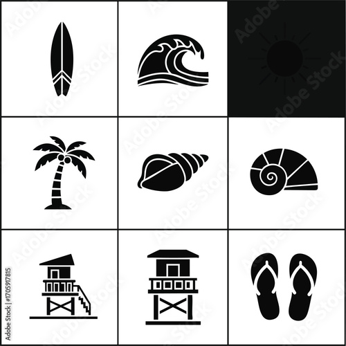 Essential monochromatic vector icons for beach and summer. Includes surfboard, ocean wave, palm tree, seashells, lifeguard stand, and flip-flops