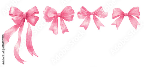 Watercolor illustration of pink bows in different variations. Four ribbon bows, made in a delicate watercolor style, isolated on a white background. Pink coquette elements.