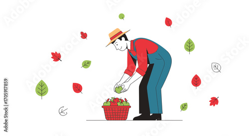 Farmer Collecting Apples into Basket Surrounded by Falling Leaves with Minimalistic Illustration