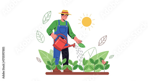 Farmer Cultivating Plants Under Bright Sun and Watering with Traditional Tools
