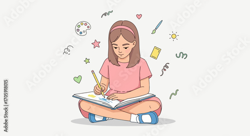 Girl's Creative Expression, Drawing, Colors, Imagination, Artistic Pursuit, And Creation