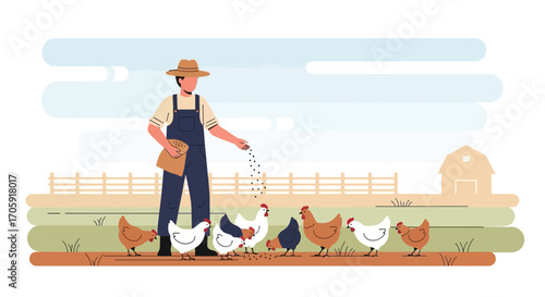 Farmer Feeding Chickens, Illustrating Rural Life, Poultry Farming, Vector Illustration