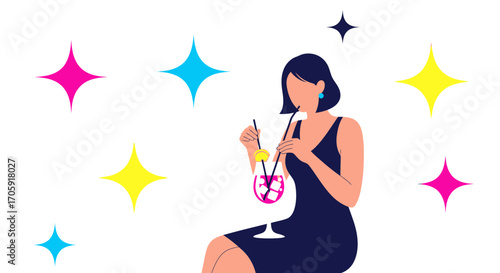 Glamorous Woman Enjoying A Refreshing Cocktail Amidst Vibrant, Sparkling Accents