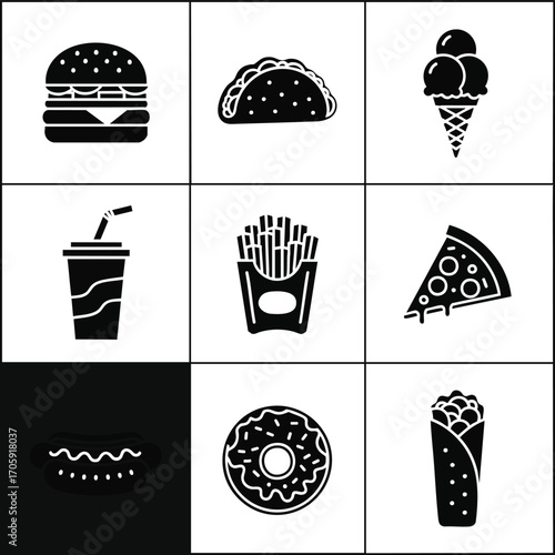 Fast food icons: hamburger, taco, ice cream, soda, fries, pizza, hot dog, donut, and burrito