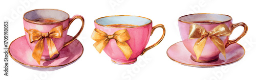 Set of pink vintage cups decorated with a gold bow. Watercolor retro serving cups with a gold rim and saucer decorated with a gold bow. Romantic vintage teaware.