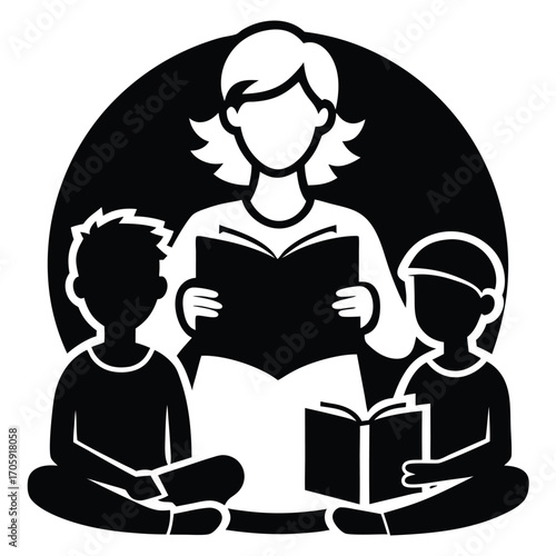 Black and white illustration of a Caucasian woman reading to two children sitting down