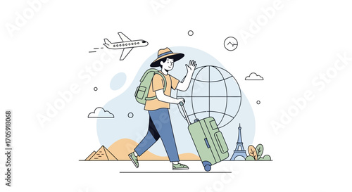 Global Wanderer Journey: Person Traveling the World with Airplane and Famous Landmarks