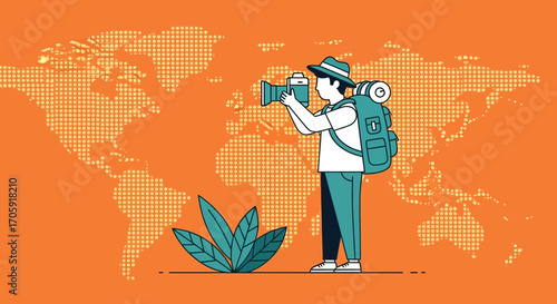 Globetrotter Taking Photos On Adventure Against The Backdrop Of The World Map
