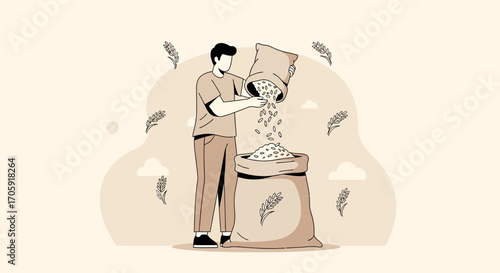 Farmer Harvesting Grain Into a Sack, Agriculture and Food Production Scene Depicted