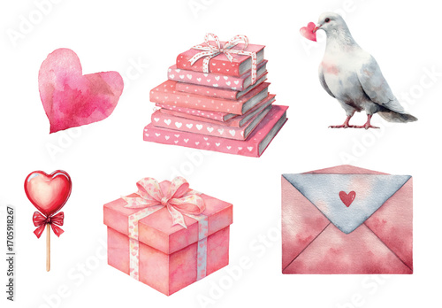 Romantic set of watercolor Valentine's Day elements. Gift box, envelope with a letter, heart-shaped lollipop, books, etc. Pink cliparts for romantic events. Happy Valentine's Day.