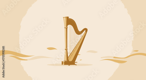 Golden Harp Illustration Set Upon a Delicate Backdrop for Music and Orchestral Themes