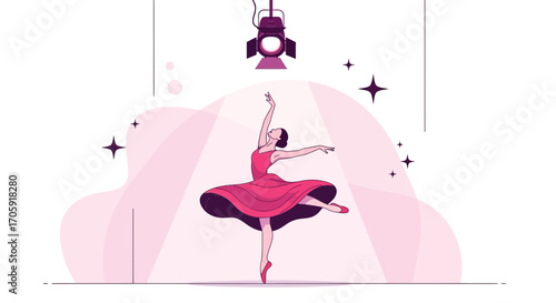 Graceful Ballerina Danced Under Spotlight in a Theater Performing Art Vector Illustration