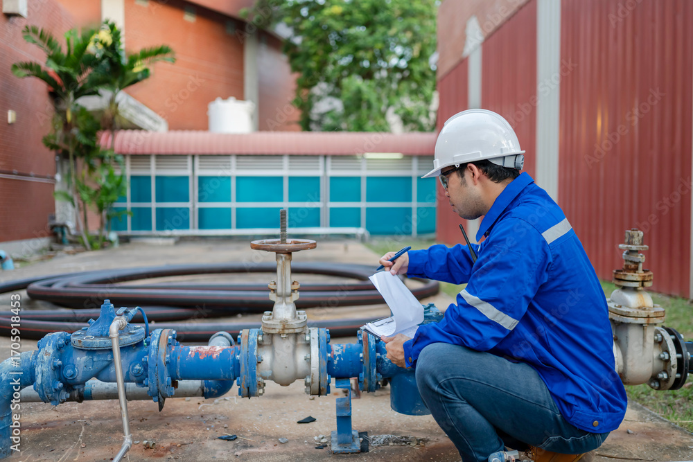 Fototapeta premium An engineer specializing in water supply systems, responsible for meter readings, pipeline maintenance, and ensuring efficient and reliable water distribution for the community.