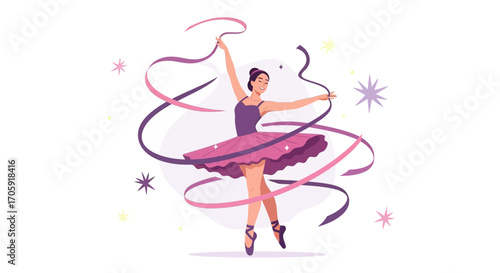 Graceful Ballerina Dancing With Colorful Ribbons In A Delicate, Artistic Illustration