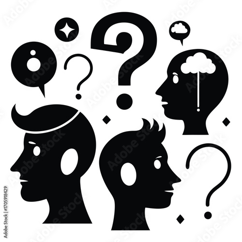 Three abstract head silhouettes surrounded by question marks convey thoughtful consideration, transparent background