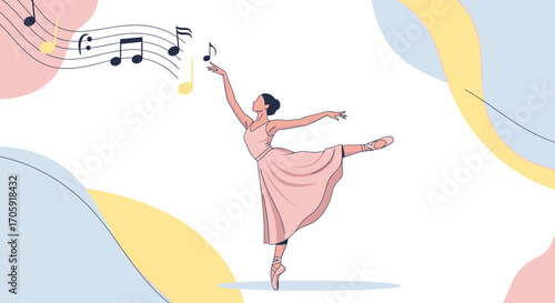 Graceful Ballerina Dancing With Musical Notes Amidst Abstract Pastel Colored Shapes