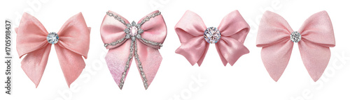 Luxurious pink bows decorated with diamonds. Delicate pink satin ribbon bows decorated with silver embroidery and a diamond in the middle. Luxurious bow for decoration.
