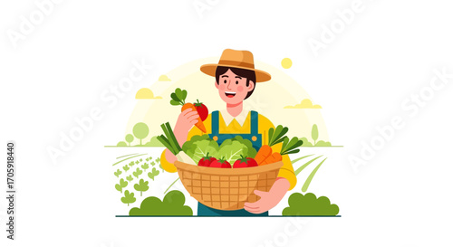 Farmer Holding Harvested Vegetables in a Wicker Basket with the Farmland Background