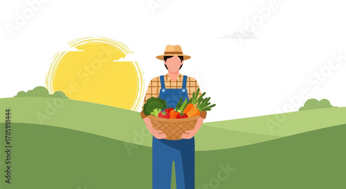 Farmer Holding Freshly-Harvested Vegetables in Basket with Sunlit Garden Background