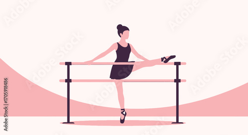 Graceful Ballerina Demonstrating Flexibility at The Ballet Barre in a Minimalist Style