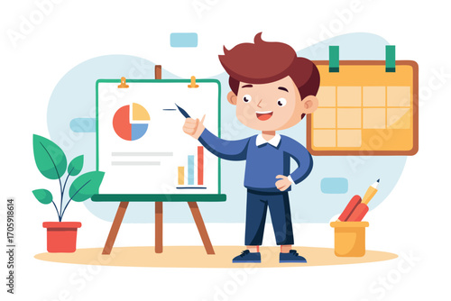 Smiling boy demonstrates graphs and charts on a board with a pointer in hand