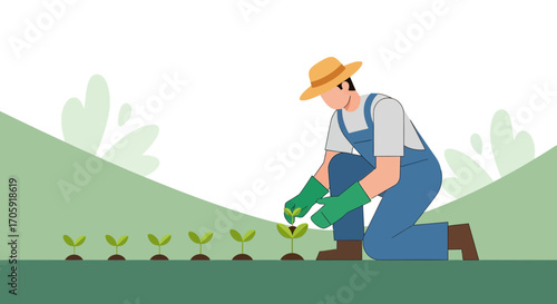 Farmer Planting Seedlings In A Field Illustrating Agriculture and Growth In Nature