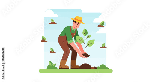 Farmer Planting Young Tree Symbolizing Environmental Stewardship And Green Initiatives Efforts