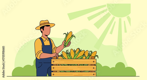 Farmer Presenting A Freshly Harvested Corn Crop Under Sunny Skies, Farming Concept