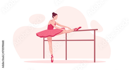 Graceful Ballerina Stretching at Ballet Barre in a Pink Outfit Vector Illustration