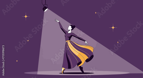 Graceful Ballerina's Silhouette Under Spotlight, Illuminated Performance on Purple Background