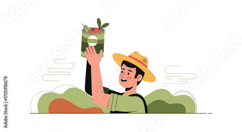 Farmer Presenting Canned Produce In A Delightful Illustration With A Cheerful Expression