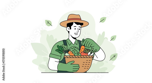 Farmer Presents Freshly Harvested Vegetables in a Basket Against a Botanical Background