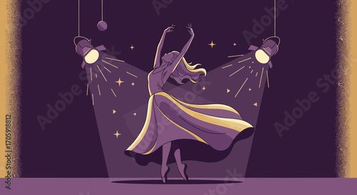 Graceful Dancer Illuminated Under Theatrical Spotlight, Envisioned in Elegant Purple Tones