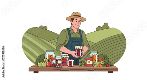 Farmer Proudly Displaying Harvested Preserves Amidst Rolling Hills and Abundant Yields