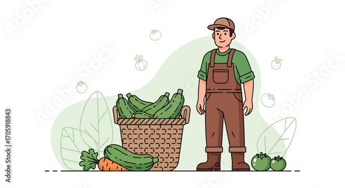 Farmer Proudly Displays A Basket Filled With Fresh Harvested Zucchini and Vegetables