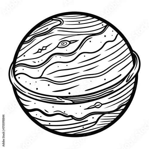 Bold monochrome planet orbits within a defined circular outline, with patterns creating an interesting view