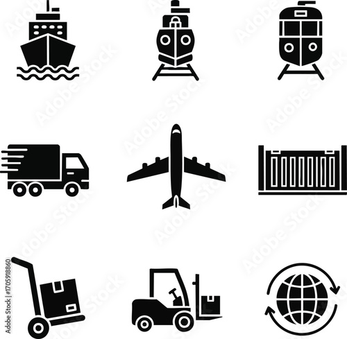 Global logistics icon set in black and white