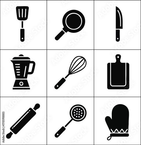 Graphic illustration of kitchen utensils, tools, and equipment. Contains cooking and baking essentials. Black silhouettes on white background