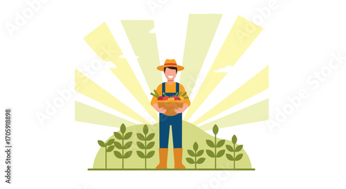 Farmer Proudly Displays Freshly Harvested Vegetables In A Vibrant Sunny Field