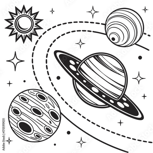 Black and white drawing portrays planets sun stars and cosmic trails in space