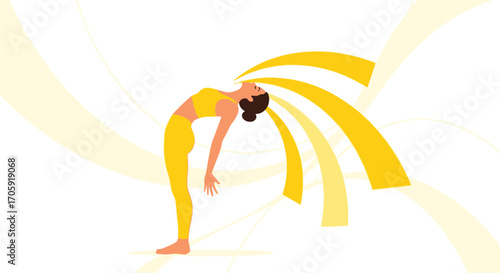 Graceful Pose Of A Woman Doing Yoga With Abstract Yellow Lines Design