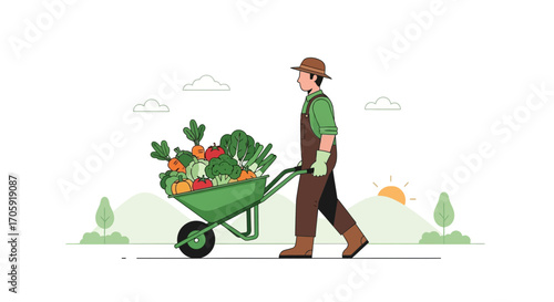 Farmer Transporting Freshly Harvested Vegetables in Wheelbarrow Across A Field