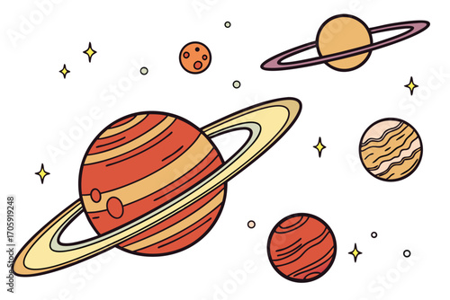 Cartoonish solar system featuring planets, rings, stars, and space elements is displayed against a white background