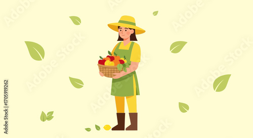 Farmer With Fresh Fruits In Autumnal Harvest Basket Surrounded By Leaves Scene