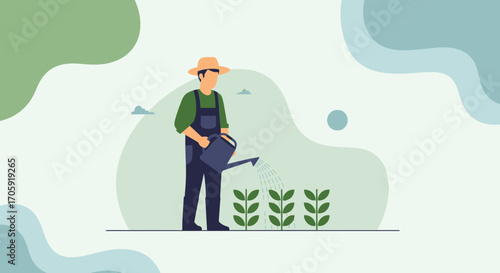 Farmer Watering Young Plants in Garden with Simplified Flat Illustration Design Style