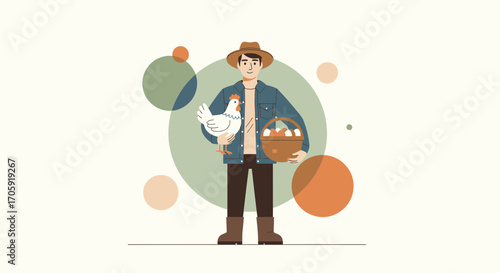 Farmer With Chicken and Eggs Illustrated In A Flat Vector Style Depicting Agricultural Life