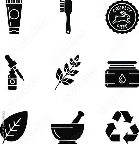 Icon set of skincare, beauty, and eco-friendly elements in a minimalist black and white style