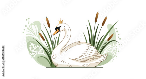 Graceful Swan With a Golden Crown Adorned in a Serene Wetlands Illustration