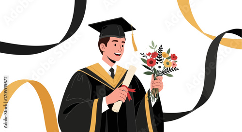 Graduate Holding Diploma And Flowers Celebrating Academic Achievement With Ribbons Background
