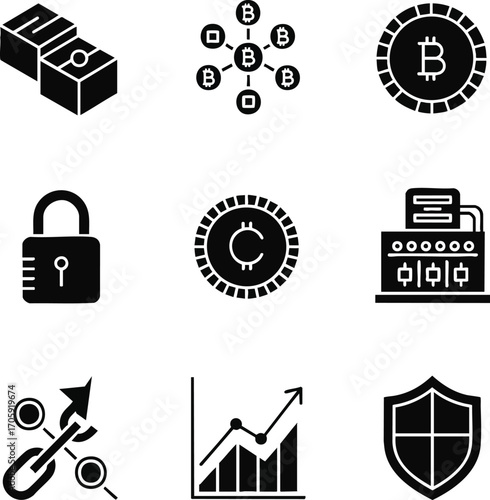 Icons of cryptocurrency and blockchain elements in a modern flat style. Vector illustration of Bitcoin, chain link, and security shield